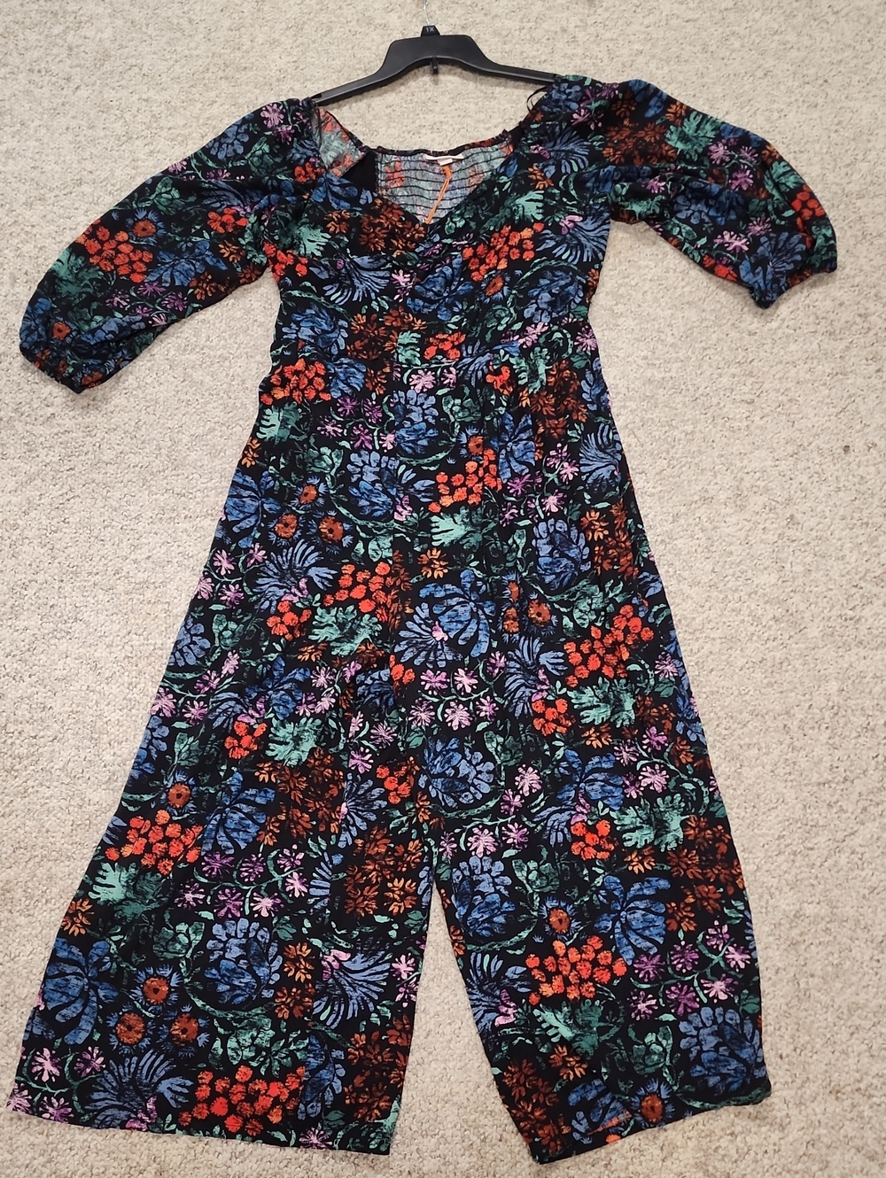 Knox Rose Black Floral-Print Jumpsuit with Pink and Teal Accents